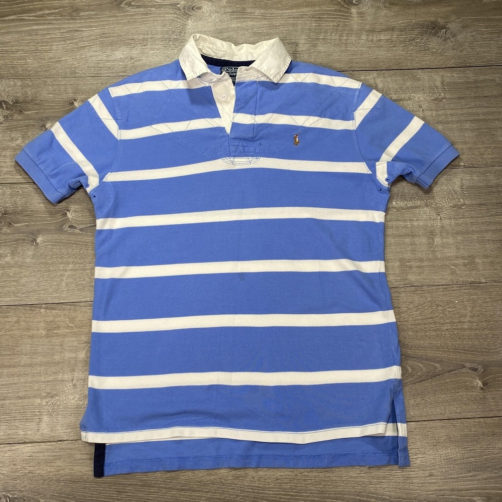 Polo Ralph Lauren Polo Shirt Mens Large Green Navy Striped Custom Fit Rugby Logo - Picture 9 of 16
